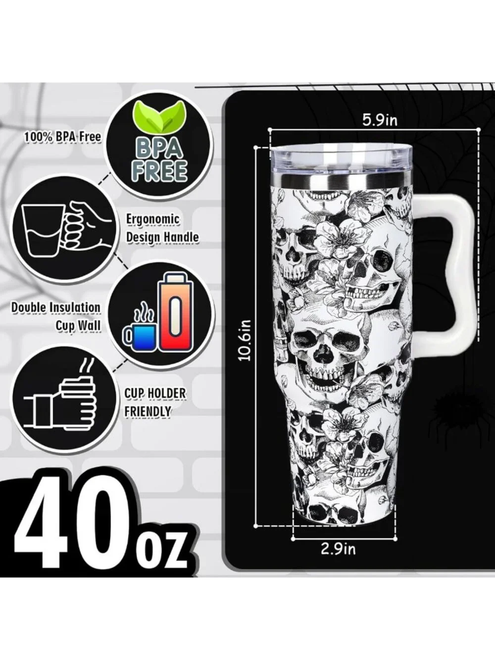 Spooky Skull 40oz Tumbler with Straw & Lid | Halloween Travel Coffee Cup, Gifts